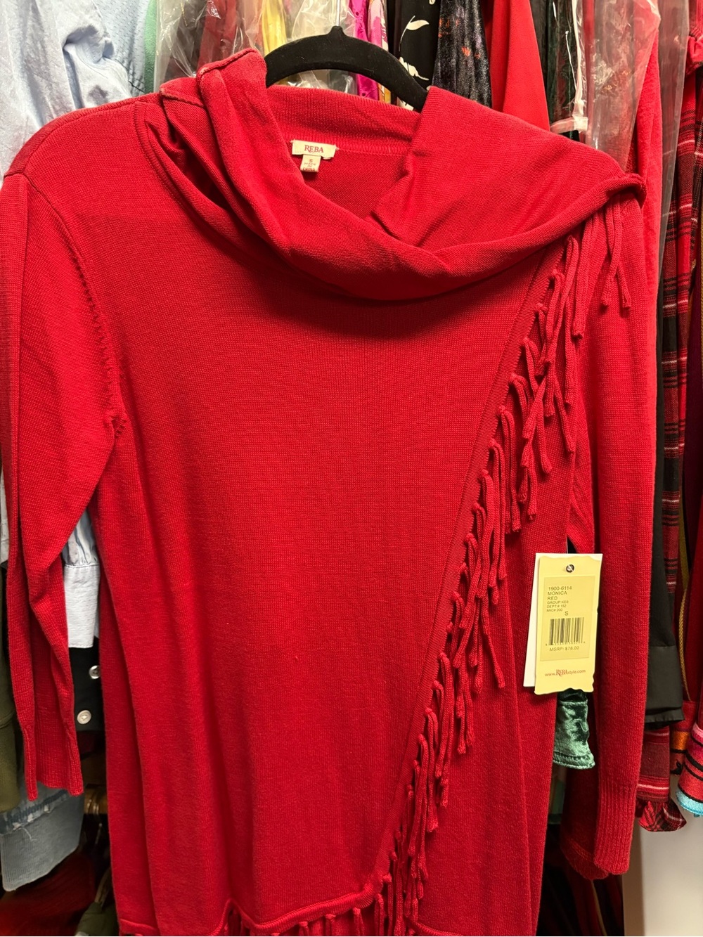 Reba Red Cowl Neck Fringe Sweater